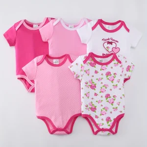 5pcs Baby Girls Short Sleeve Triangle Bodysuits,